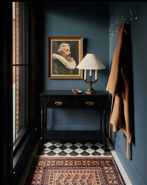 Entryway Tile, Moody Interiors, Blue Room, Small Entryway, Bedroom Designs, Drawing Room, Blue Walls, Farrow Ball, Interior Design Styles