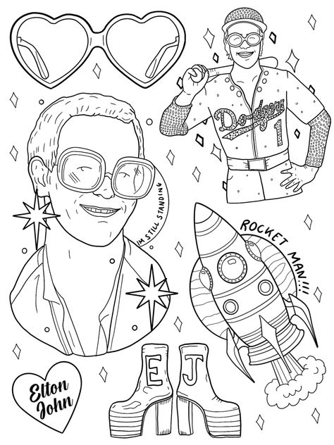 Elton John Coloring Page, Elton John Embroidery, Elton John Cartoon, Elton John Inspired Tattoos, Cat Kingston Tattoo, Rocketman Tattoo, Elton John Drawing, Elton John Tattoo Ideas, Pride Coloring Pages