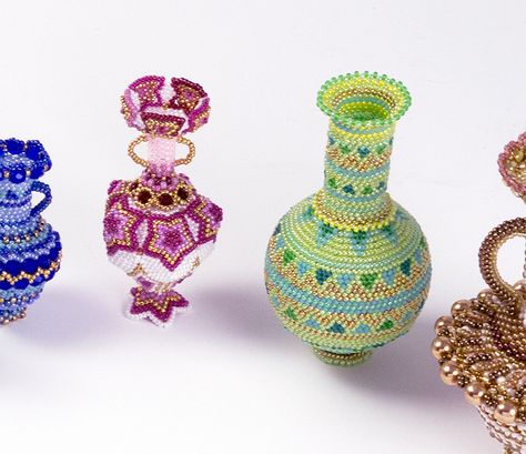 Variety of Beaded Bottles | Sweet Pea Beadwork School Theme Ideas, Beaded Figures, Star Bottle, Christmas Presents Ideas, Bead Bottle, Seed Bead Art, Bead Stitch, Miniature Vase, Presents Ideas