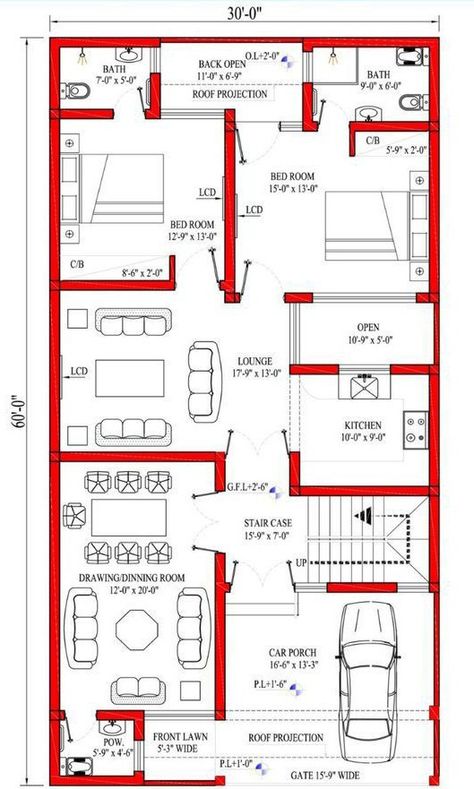 30 X 60 House Plans Layout, Free House Plans 3 Bedroom, Small House Design Floor Plan, 10 Marla House Plan, 30x50 House Plans, Autocad Floor Plan, Drawing House Plans, 20x40 House Plans, 2bhk House Plan