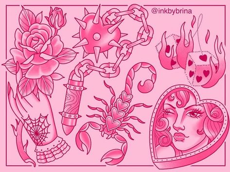 Neo Trad Tattoo Flash, Y2k Flash Tattoo, Pink Tattoo Flash, Heart Flash Art, Pink Tattoo Ideas, Valentine Drawing Ideas, Neotraditional Tattoo Flash Sheet, American Traditional Valentines Flash, Valentines Tattoo Designs