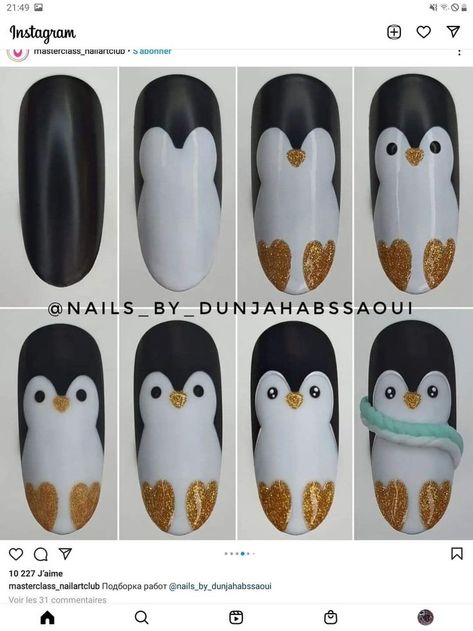 Penguin Winter Nails, Freehand Nail Art Design, Penguin Nail Art Christmas, Winter Penguin Nails, Minnie Christmas Nails, Penguin Nails Designs, Winter Animal Nails, Penguin Nails Christmas, Penguin Christmas Nails