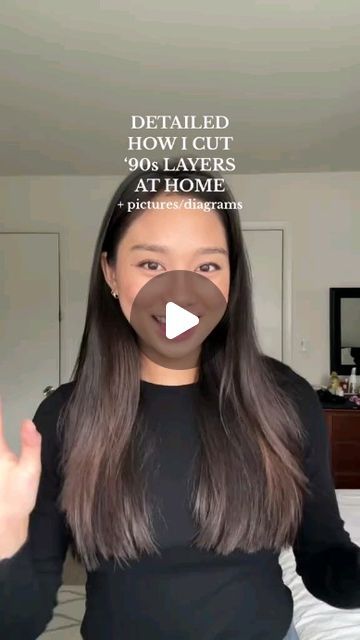 Curlyhair care  & Skincare on Instagram: "More In depth tutorial on how to cut ‘90s layers at home! :) #hairstyles #hairrollers #blowout #blowouttutorial #haircut #hairtutorial #blowoutcurls #haircuttutorial #layeredhaircut" How To Do Layered Haircut At Home, Diy Haircut Long Layers, Trim With Layers Hair, How To Face Framing Layers, More Volume Hair, Layered Haircuts At Home, Diy Layer Haircut, 90s Layers Shoulder Length, 90s Women Haircut