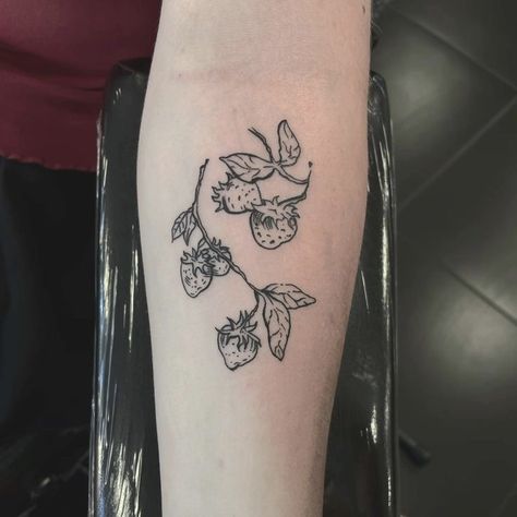 Strawberry Branch Tattoo, Tattoo Ideas Strawberry, Strawberry Stamp Tattoo, Wild Strawberry Tattoo, Strawberry Plant Tattoo, June Tattoos, Strawberry Tattoo Design, Strawberry Vine Tattoo, Tattoo Fruit