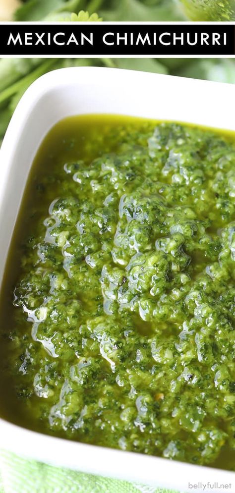 This Chimichurri Sauce recipe is the ultimate Mexican marinade or condiment. Made with cilantro, parsley, peppers, and garlic, it’s great on grilled steak, chicken, or vegetables. And so easy to make! #Chimichurri #homemadesauces #mexican Colombian Chimichurri Sauce, Mexican Steak Sauce, Mexican Condiments, Mexican Marinade, Veggie Prep, Reset Recipes, Organic Chips, Chimichurri Sauce Recipe, Cilantro Parsley