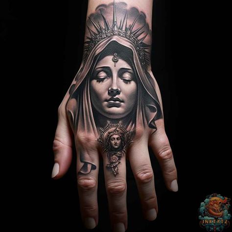 The Significance of the Virgin Mary Hand Tattoo: An Exploration of Religious Meaning – 41 Designs - inktat2.com Blessed Virgin Mary Tattoo, Religious Hand Tattoo, Mary Hand Tattoo, Virgin Mary Hand Tattoo, Guadalupe Tattoo, Mother Mary Tattoos, Maria Tattoo, Tattoo Main, Mary The Mother Of Jesus