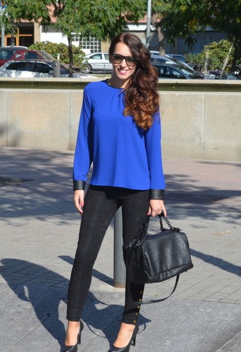 Cobalt Blue Top Outfit, Blue Top Black Jeans, Electric Blue Top Outfit, Polyvore Outfits Spring, Blue And Black Outfit, Cobalt Blue Outfit, Blue Outfit Ideas, Blue Top Outfit, Work Wear Spring