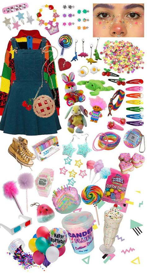 90s Kidcore Outfit, 80s Core Outfits, Dream Core Clothes, Dreamcore Accessories, Weirdcore Outfit Ideas, Rainbow Core Outfit, Dream Core Outfits, Rainbow Aesthetic Outfit, Dreamcore Aesthetic Outfits