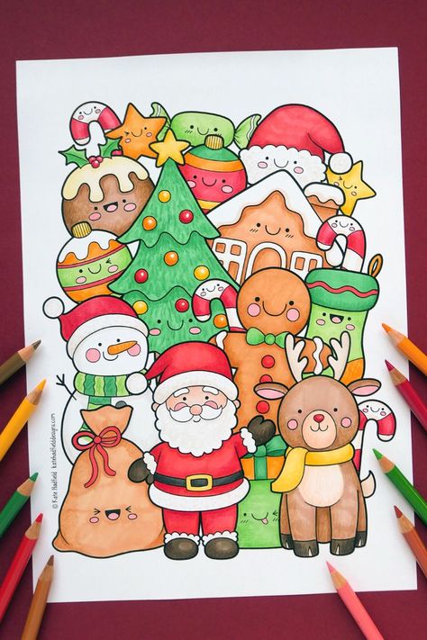 A free printable colouring page for you to create your own super cute Christmas drawing! This is a really fun coloring project for both kids and adults alike (that also makes lovely handmade Christmas cards)! Christmas Doodles Easy, Christmas Drawing Ideas Creative, Christmas Theme Drawing, Christmas Drawing Ideas Easy, Poster Natal, Christmas Drawings For Kids, Special Drawings, Eid Sweets, Christmas Kawaii