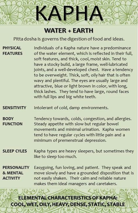 Kapha Dosha characteristics.. Ayurveda Pitta, Ayurveda Kapha, Ayurveda Dosha, Ayurveda Vata, Kapha Dosha, Ayurveda Diet, Water And Earth, Vata Pitta, Pitta Dosha