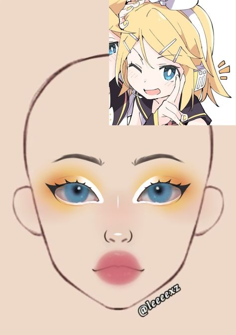 Anime Character Makeup, Cosplay Makeup Looks, Anime Makeup Looks, Anime Inspired Makeup, Makeup Ideas Drawing, Anime Makeup Ideas, Disney Eye Makeup, Rin Vocaloid, Makeup Charts