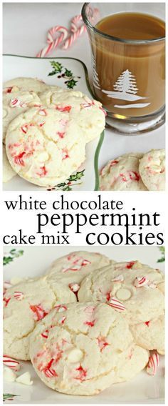 Festive white cake mix cookies with white chocolate chips and peppermint pieces. White Cake Mix Cookies, Cookies Peppermint, Cookies With White Chocolate Chips, Chocolate Peppermint Cake, Cookies With White Chocolate, Peppermint Cake, White Chocolate Peppermint, Cookies Holiday, Diy Easy Recipes