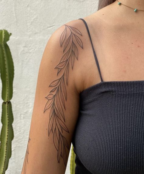 Inspire Tattoo For Women, Palm Branches Tattoo, Anahaw Tattoo, Leaf Half Sleeve Tattoo, Fine Line Greenery Tattoo, Plant Sleeve Tattoo Women, Feminine Tattoo Sleeve Filler, Boho Style Tattoos For Women, Leafy Arm Tattoo