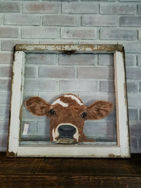 Cow I painted on an old window frame. Old Window Crafts, Window Pane Art, Painted Window Art, Window House, Old Window Projects, Window Crafts, Old Window Frame, Farmhouse Window, Vintage Window