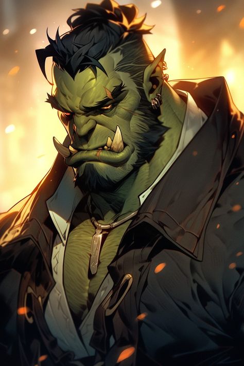 Orc In A Suit, Handsome Orc Male, Orc Male Character Design, Dnd Orc Character Design, Githyanki Male, Orc Oc Male, Cyberpunk Orc, Dnd Kingdom, Handsome Orc