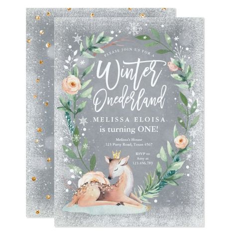 Deer Birthday Invitations, Winter Onederland Party Girl, Woodland Invitation Birthday, First Birthday Winter, Deer Birthday, Winter Wonderland Birthday Party, Winter Onederland Birthday Party, Winter Onederland Party, Onederland Birthday Party