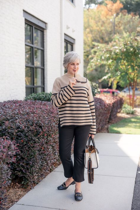 Beth Djalali Style At A Certain Age, Mary Beth Gaskill, Beth Djalali, Black Pants Outfit, Funnel Neck Sweater, Style At A Certain Age, October 2022, Pants Outfits, Ageless Style