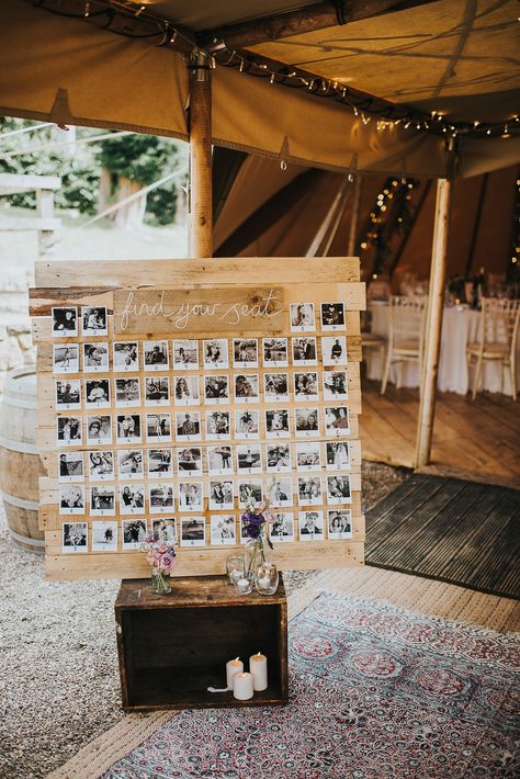 A Tipi + Pizza Party Wedding Inspired by Natural Beauty and Wildflowers, at Brinkburn Abbey in Northumberland 35 Unusual Seating Plan Ideas, Photo Table Plan Wedding, Table Placements Ideas, Photo Table Plan, Polaroid Scavenger Hunt Wedding, Pallet Table Plan Wedding, Photos On Wedding Tables, Table Sitting Plan Ideas, Setting Plan Boda