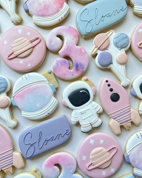 A pastel space theme is the theme I didn’t know I ✨needed✨ in my life! Obsessed! • • • • #royalicing #cookie #customcookies #montana… | Instagram Pastel Space Birthday Party, Two The Moon Cookies Girl, Girly Space Themed Birthday Party, Pink Space Birthday Party, Pink Space Party, Two The Moon Decorations, Girly Space Party, Girl Space Themed Birthday Party, Space Girl Birthday Party