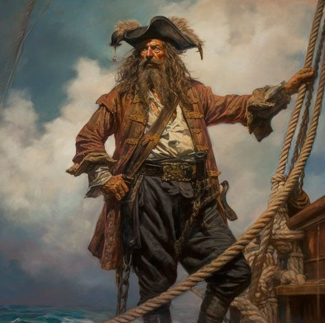 One famous pirate from history is Blackbeard, whose real name was Edward Teach. He was a notorious English pirate who operated in the West Indies and along the eastern coast of the American colonies during the early 18th century. Blackbeard is known for his fearsome appearance, with a long black beard and a habit of wearing burning fuses in his hair during battle to intimidate his enemies. Blackbeard The Pirate, Pirate Oil Painting, Real Pirates Pictures, 18th Century Pirate, Pirates Artwork, Dnd Pirate Art, Pirate Painting, Real Pirates, Pirates Art