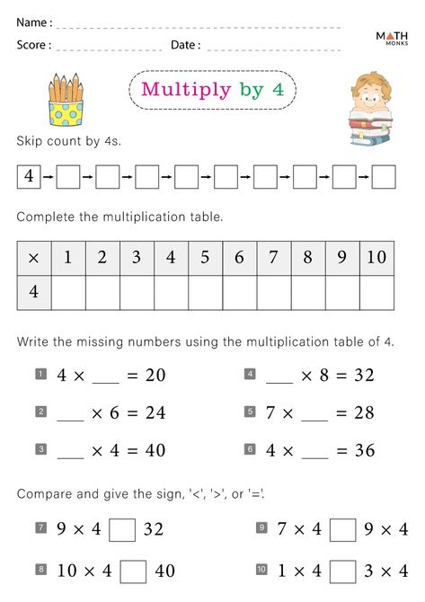 Multiplication by 4 Worksheets - Math Monks 4 Times Tables, Times Tables Worksheets, Math Folders, Math Multiplication Worksheets, Math Addition Worksheets, 4th Grade Math Worksheets, Graphing Worksheets, 3rd Grade Math Worksheets, Math Sheets