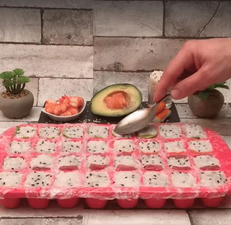 Make Your Own Sushi Bar, Sushi Mold Recipe, Sushi Tray Party, Ice Tray Sushi, Sushi Ice Cube Tray, Sushi In Ice Cube Tray, Ice Cube Tray Sushi, Ice Cube Sushi, How To Make Sushi At Home