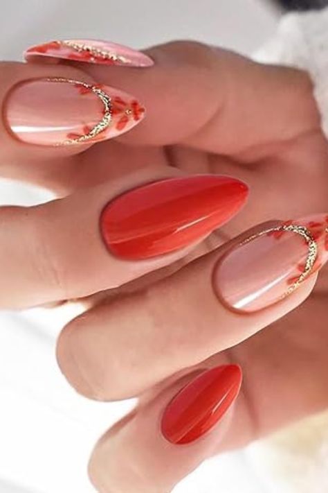 Fall Nails Red Orange Nails, Fall Press On Nails, Almond Nails Red, Nails Medium Almond, Nail Polish Art Designs, Elegant Touch Nails, Orange Nail Designs, Cover Flower, Press On Nails Medium