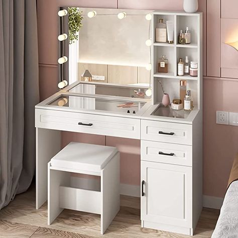 Glass Top Vanity, White Vanity Table, White Vanity Desk, Vanity Desk With Mirror, Makeup Vanity Lighting, Desk With Mirror, Mirrored Vanity Desk, Vanity Table Set, Makeup Desk