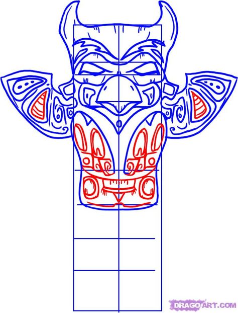 How to draw a totem Totem Pole Drawing, Totem Pole Tattoo, Native American Totem Poles, Ks3 Art, Totem Pole Art, Eagle Totem, Tiki Faces, Native American Totem, Eagle Face