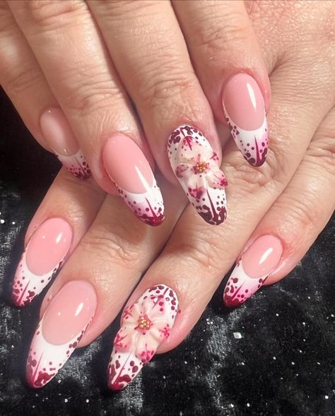 So Nikita had to have a go at doing a 3D Orchid and it came out absolutely perfect! How beautiful are my nails…… some perks of having taught your daughter to do nails and she is so creative! 🌸💅🏻#nails #nailsofinstagram #nailsnailsnails #nailsart #nailsmagazine #nailsonfleek #nailsoftheday #nailslove #instanails #nailsonpoint #3dnails #artynails #nailsbeauty Short Orchid Nails, Orchid Nails Design, Orchids Nails, Orchid Nail Polish, Orchids Nails Art, Orchid Nails, Almond Shape Nails, Nails Magazine, So Creative