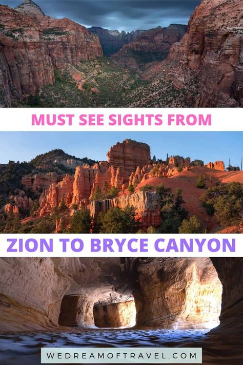 Discover a myriad of must-see stops on the drive from Zion to Bryce Canyon National Park in this Southern Utah road trip guide. Most people miss these spectacular places and drive directly from Zion to Bryce, skipping some of the most beautiful places in the state. Don't miss out too! Bryce Canyon Hikes, Bryce National Park, National Park Road Trip, Utah Travel, Canyon Road, National Parks Usa, Bryce Canyon National Park, Utah National Parks, National Parks Trip