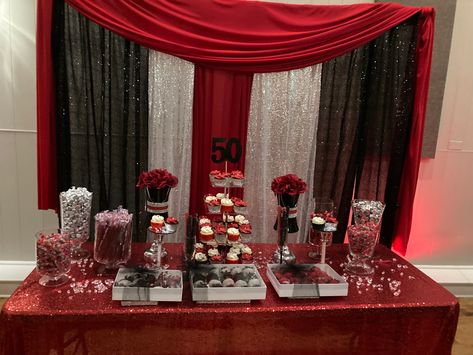 Red Carpet Dessert Table, Black And Silver Dessert Table, Black Dessert Table, Silver Dessert Table, Valentines Day Deserts, Black Dessert, Masquerade Party Decorations, Red Carpet Affair, 60 Birthday