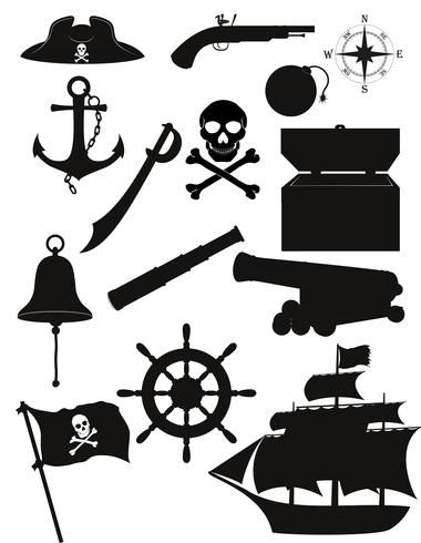 Props Illustration, Pirate Symbols, Pirate Props, Navy Emblem, Cool Stencils, Pirate Tattoo, Halloween Silhouettes, Silhouette Illustration, Black Silhouette