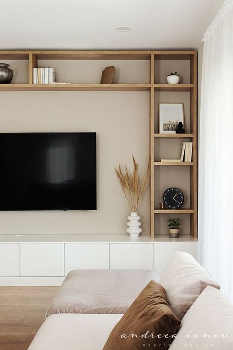 Lounge Nook, Tv Bookshelf, Contemporary House Interior Design, Media Bookcase, Contemporary House Interior, Lounge Makeover, Bookshelf Wall, Open Plan Kitchen Dining Living, Black Island