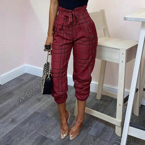 Elegant Plaid Belted Pants Hipster Women, Summer Plaid, Street Style Grunge, Slim Chinos, Avocado Tomato, Jenner Outfits, Retro Mode, Belted Pants, Womens Basic