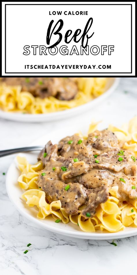 Healthy beef stroganoff recipe that is low in calories, creamy and deliciously comforting! Healthy Beef Stroganoff Recipe, Low Cal Beef Stroganoff, Low Calorie Beef Stroganoff, Macro Friendly Beef Stroganoff, Healthy Beef Stroganoff Clean Eating, Low Calorie Stroganoff, Low Calorie Beef Meals, Healthier Beef Stroganoff, Low Calorie Meat Recipes