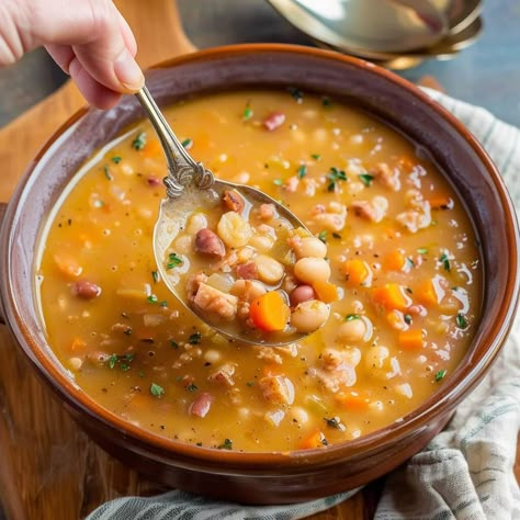 Bean Soup with Ham Bean Soup With Ham, Bean And Ham Soup, Cheesy Breakfast Casserole, Ham Soup Recipes, Cheesy Breakfast, Soup With Ham, Ham And Bean, Cooking Onions, Ham Soup