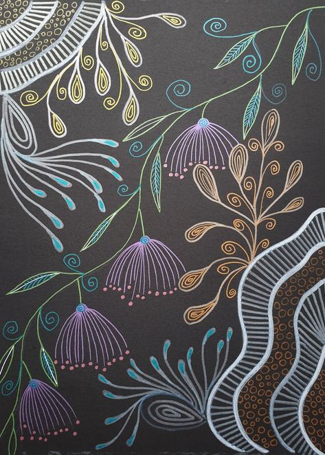 Chalkboard Wall Art Flowers, Zentangle On Black Paper, Wall Chalk Art, Blackboard Art Ideas, Chalkboard Drawing Ideas, Liquid Chalk Art, Chalk Marker Art, Chalk Doodles, Art On Black Background