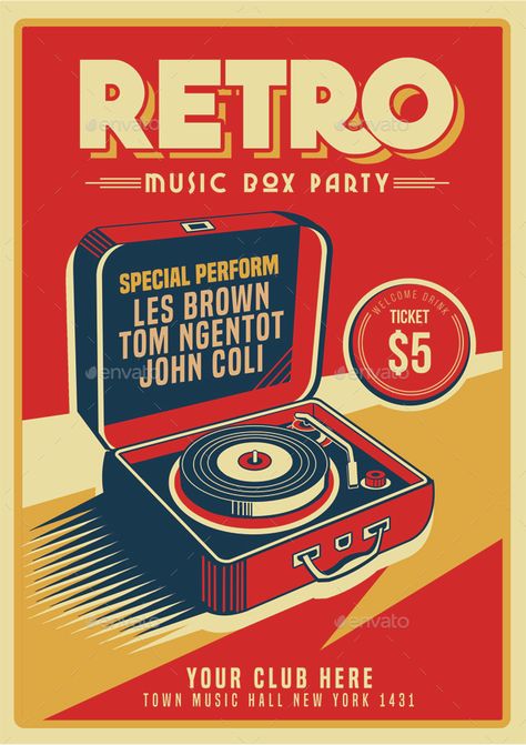 Retro Music Box Party Music Day, Poster Vintage Retro, Retro Painting, Retro Graphic Design, Vintage Poster Design, Photo Wall Collage, Party Poster, Vintage Poster Art, Poster Retro