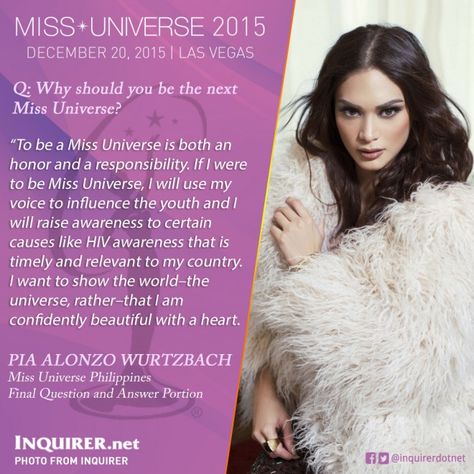 Pia's answer... Miss World Questions And Answers, Pageant Questions And Answers, Quotes For Pageants Beauty Queens, Pageant Interview Questions, Beauty Pageant Questions, Pretending To Be In A Pageant, Pageant Questions, Miss Universe Gowns, Miss Universe Pia Wurtzbach