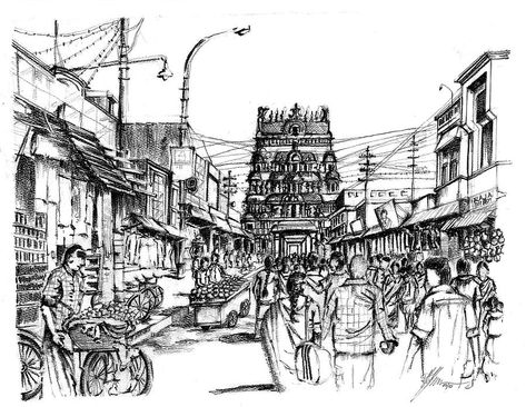 Village Market Scene Drawing, Cityscape Drawing, 30 Day Art Challenge, Human Sketch, Perspective Sketch, Perspective Drawing Architecture, Architecture Drawing Plan, Human Figure Sketches, Easy Mandala Drawing