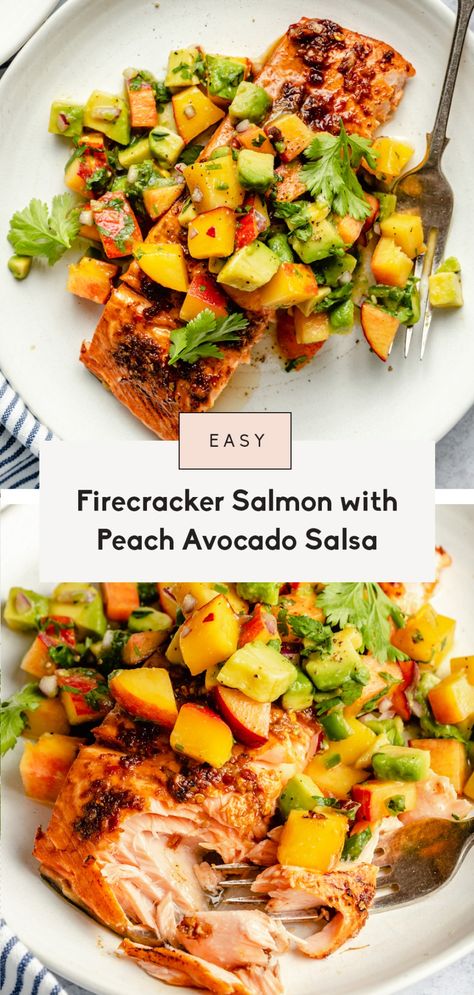 Delicious sweet and spicy firecracker salmon topped with a wonderful, fresh peach avocado salsa. This firecracker salmon recipe can be baked or grilled for a healthy weeknight meal that everyone will love! Serve with your favorite sides, rice, quinoa or even in tacos. Firecracker Salmon Recipes, Firecracker Salmon, Salmon Soy Sauce, Grilled Salmon Recipes, Salmon Tacos, Peach Salsa, Ambitious Kitchen, Healthy Weeknight Meals, Salmon Avocado