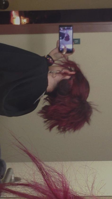 emo / punk / gothic non binary fella with red hair and an undercut Black And Red Hair Short, Red Hair Undercut, Hair With Undercut, Underdye Hair, Wine Red Hair, Nice Hair, Short Wavy, Non Binary, Undercut Hairstyles