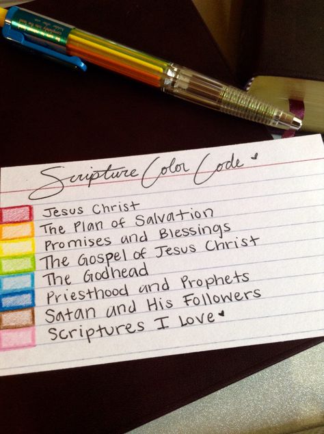 Scripture Color Coding Chart!❤️This one uses the Pentel PH158..."For my soul delighteth in the scriptures, and my heart pondereth them..." 2 Nephi 4:15☀️ Lds Scripture Study Color Coding, Color Coding Scriptures Lds, How To Study The Scriptures Lds, How To Mark Scriptures Lds, Scripture Highlighting System Lds, Marking Scriptures Lds Ideas, Book Of Mormon Highlighting Key, Scripture Color Coding, Lds Scripture Study Ideas