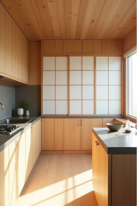 Japanese-inspired kitchen with wood cabinets, shoji screens, and tea area Japanese Modern Kitchen, Modern Kitchen Decor Ideas, Caterers Kitchen, Japanese Kitchen Design, Japanese Style Kitchen, Modern Kitchen Decor, Zen Design, Eastern Philosophy, Kitchen Decor Ideas