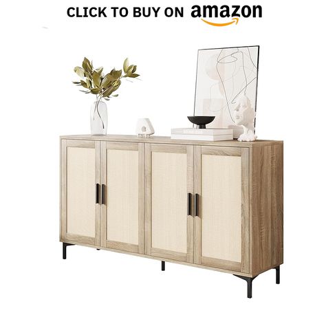 Sideboard - Kitchen Buffet Cabinet with Rattan Decorated Doors, Accent Sideboard Cabinet with Doors, Coffee Bar Cabinet Rattan Sideboard Buffet Cabinet with Storage (Natural with 4 Doors)  #homedesign #homedecor #housedesign #housedecor #room #roomdecor #roomdesign #interior #design #home #house #furniture #decor #bedroom #kitchen #livingroom Dining Room Buffet Cabinet, Storage Rattan, Bar Storage Cabinet, Decorated Doors, Kitchen Buffet Cabinet, Sideboard Cabinet Modern, Mid Century Modern Sideboard, Coffee Bar Cabinet, Rattan Sideboard