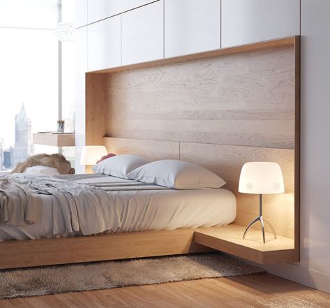 9 Different Ideas For Adding A Nightstand To Your Bedroom // Built right into the bed --- The headboard, bed frame and nightstand are all built into a single piece of furniture in this bedroom. Contemporary Bed Design, Design Ložnic, Bed Design Modern, Contemporary Bed, Cool Ideas, Remodel Bedroom, Contemporary Bedroom, Design Case, Bedroom Storage