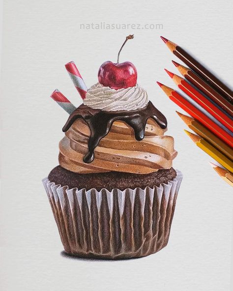 Realistic Dessert Drawing, Realistic Drawings Pencil Color, Ice Cream Colored Pencil Drawing, Cupcake Pencil Drawing, Realistic Cupcake Drawing, Realistic Sketches Objects, Drawing Ideas Realistic Coloring, Realistic Food Drawings, Color Pencil Still Life