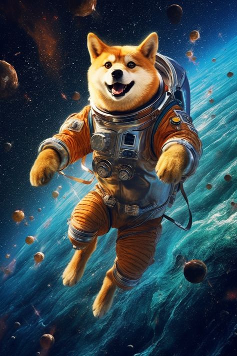 a stunning artwork illustration of an astronaut shiba inu dog in a colored spatial background. Shiba Inu Wallpaper, Dogs In Space, Dog In Space, Dog Astronaut, Raccoon Tattoo, Space Man, 2023 Halloween, Space Dog, Space Artwork