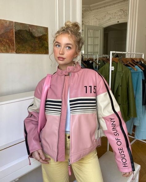 Grace Shadrack, Racer Jacket Outfit, Blush And Bashful, Leather Racing Jacket, Pink Biker Jacket, Pink Leather Jacket, Pu Leather Jacket, Leather Jacket Outfits, Racing Jacket